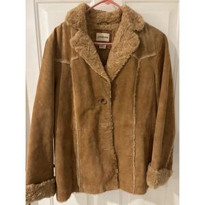 ST‎ Johns Bay Women's Suede Sherpa Lined Trucker Jacket Tan Large Y2K Pockets